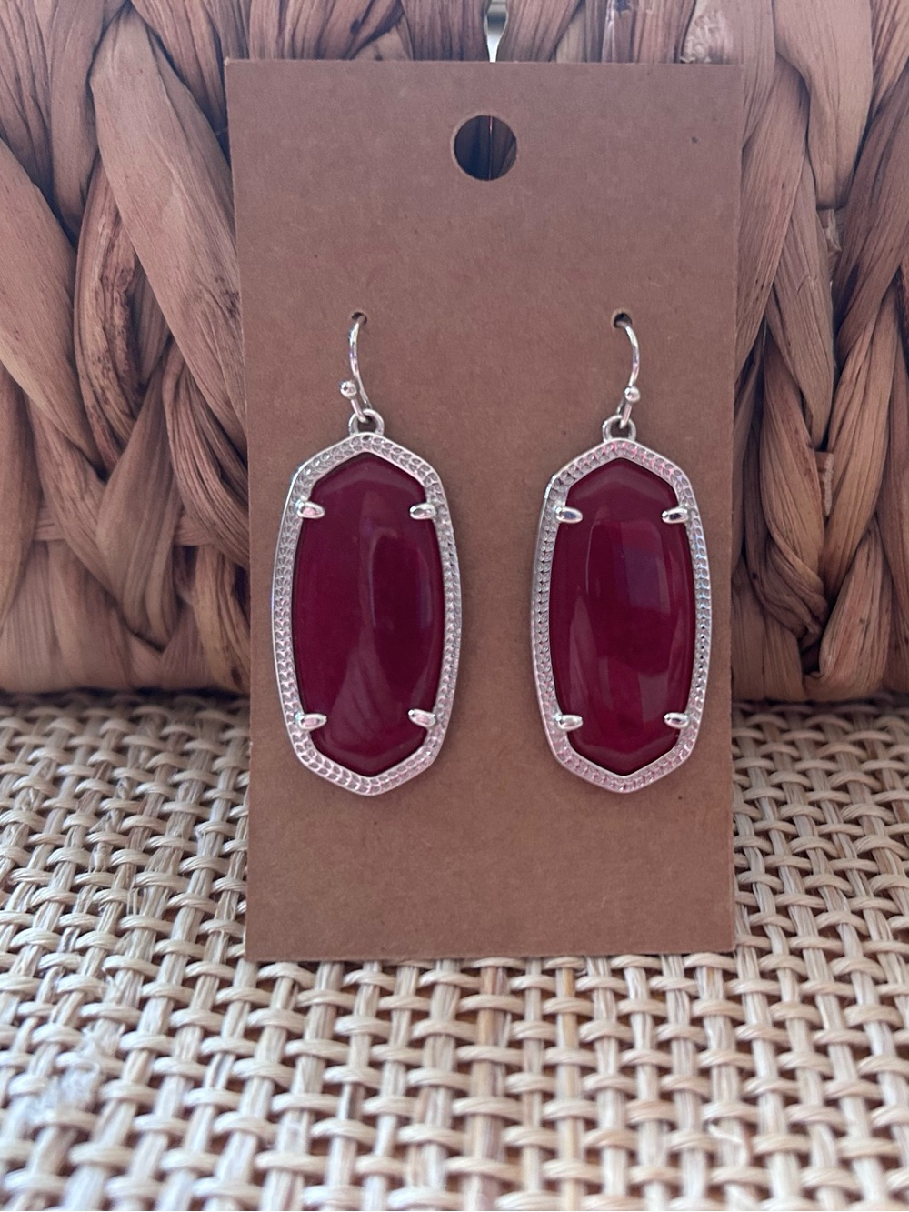 Kendra Scott Raspberry & Silver Tone Drop Wire Earrings.